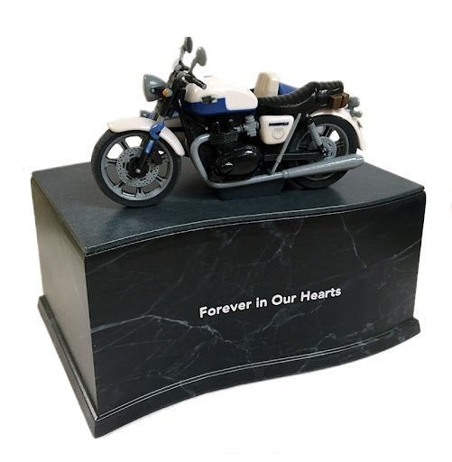 custom black urn with motorcycle on top